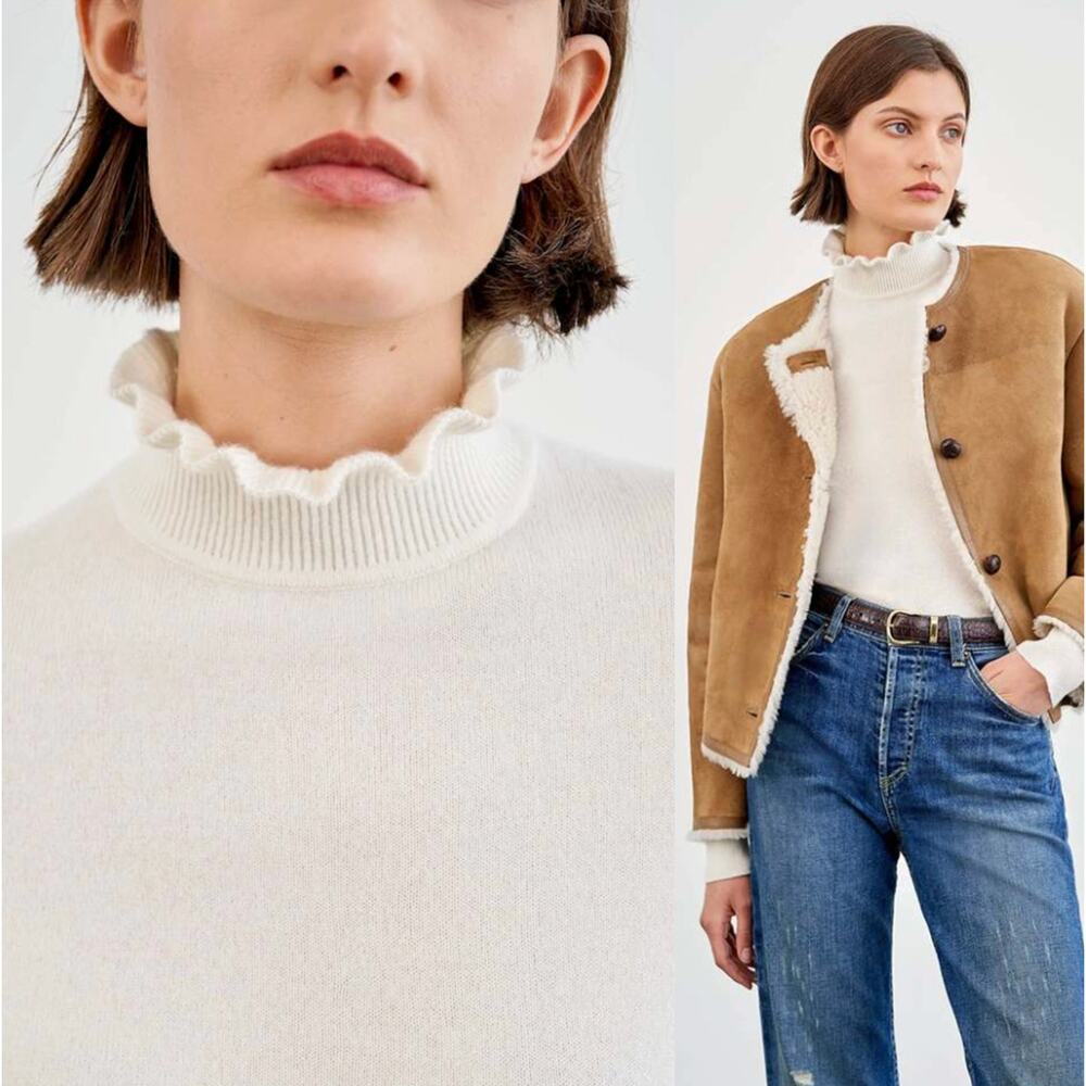 Nili Lotan XS Francis 100% Cashmere Ruffle Neck Sweater $640 Turtleneck Ivory